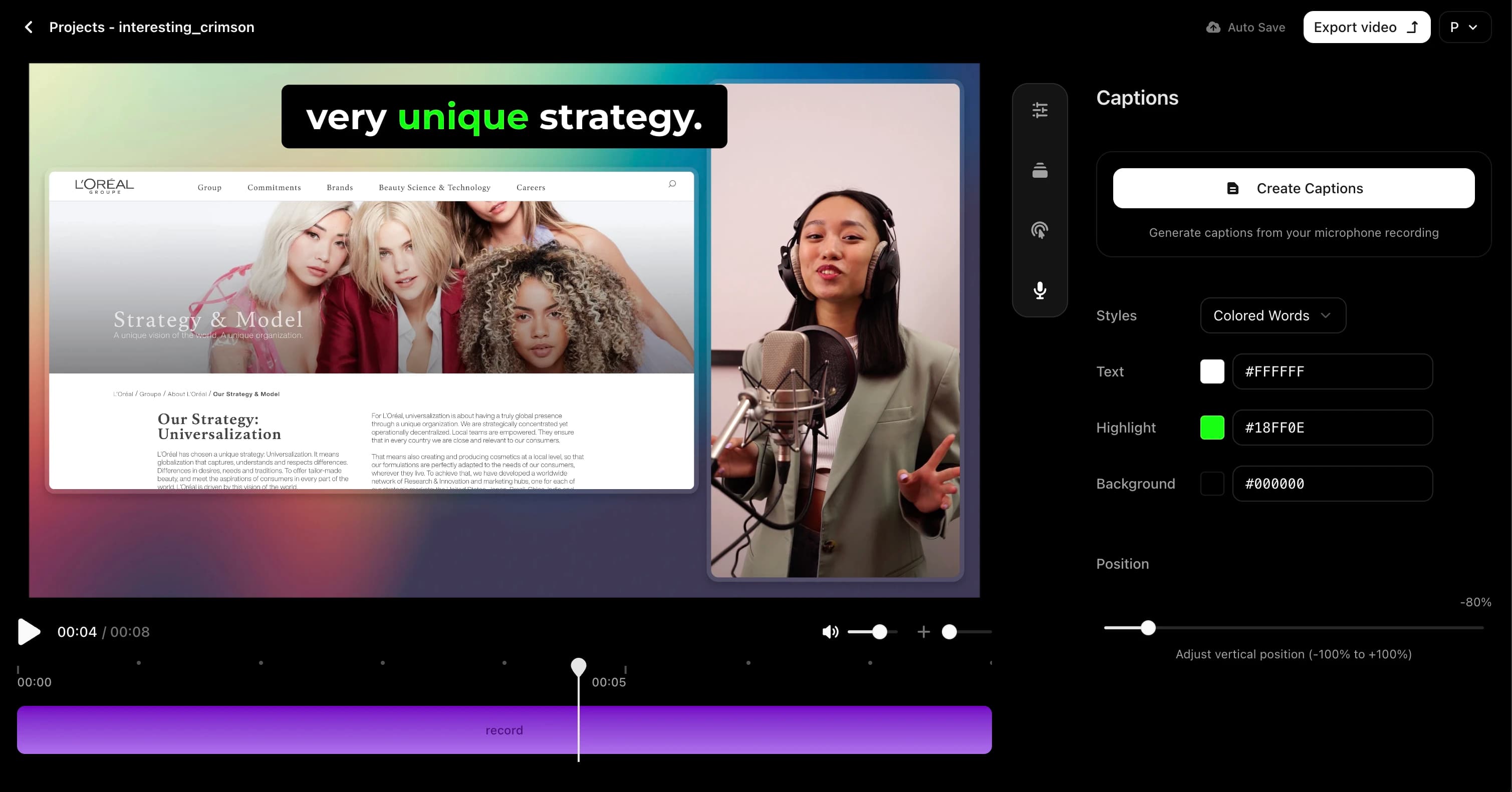 VibrantSnap editing interface with timeline and layout options
