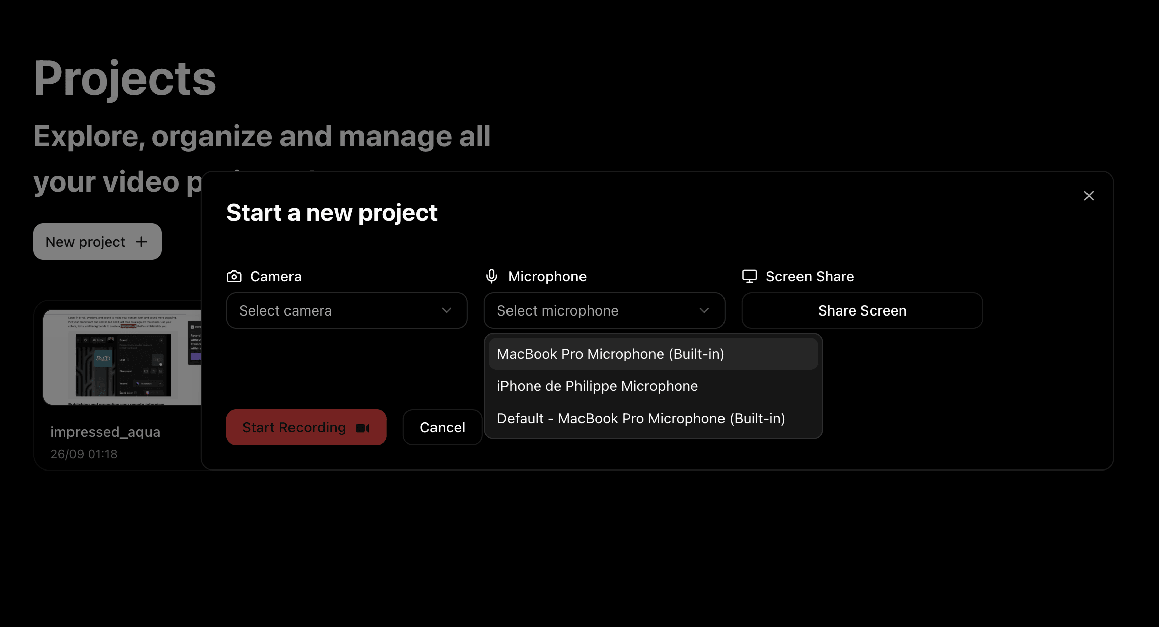Screen recording interface for tutorial videos