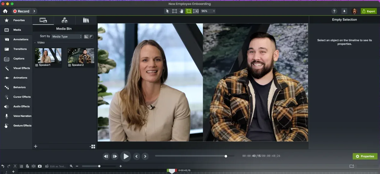 Camtasia's timeline editor, where zooms, cuts, and captions are manual work