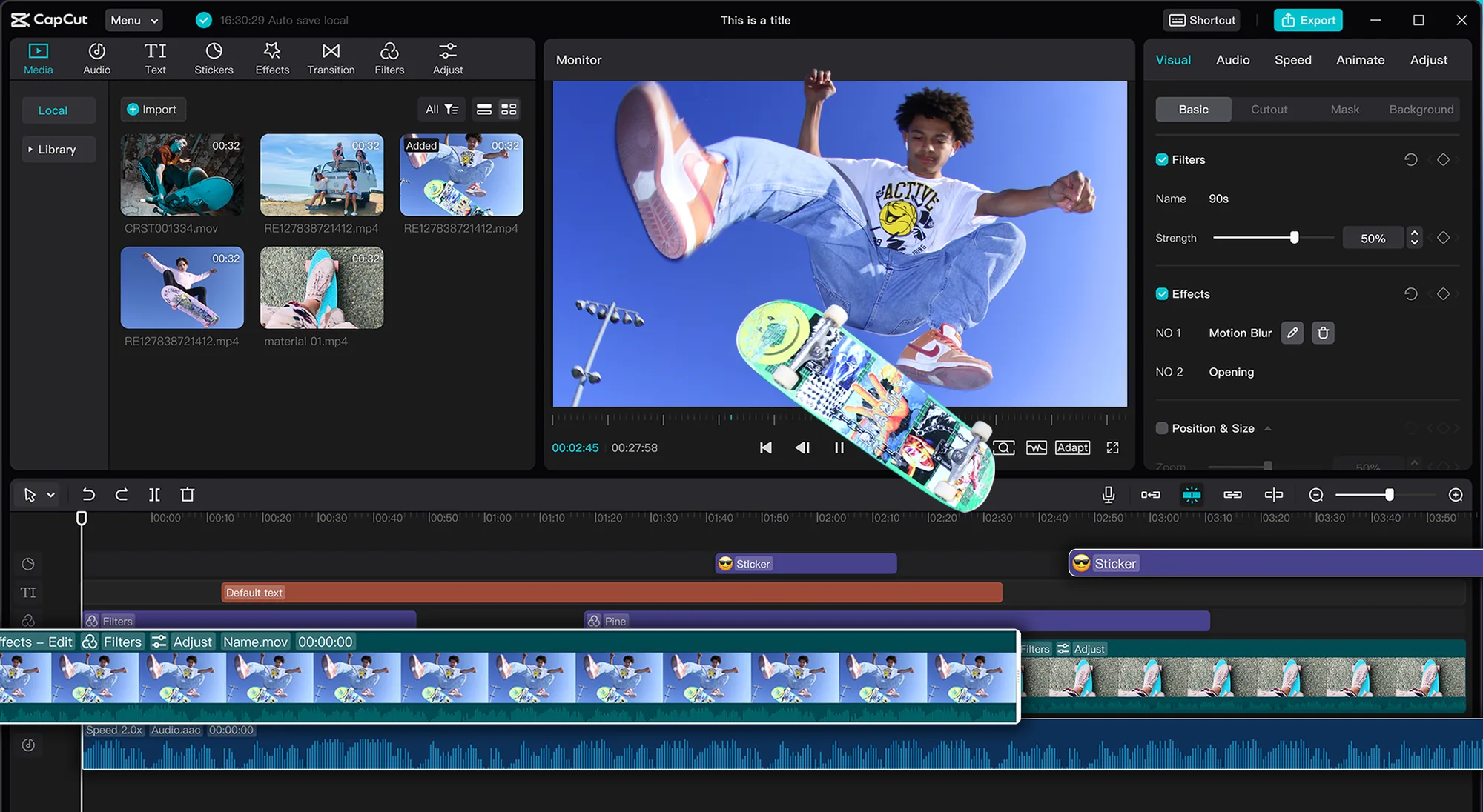 CapCut Desktop with auto-captions and effects applied to clips on the multi-track timeline