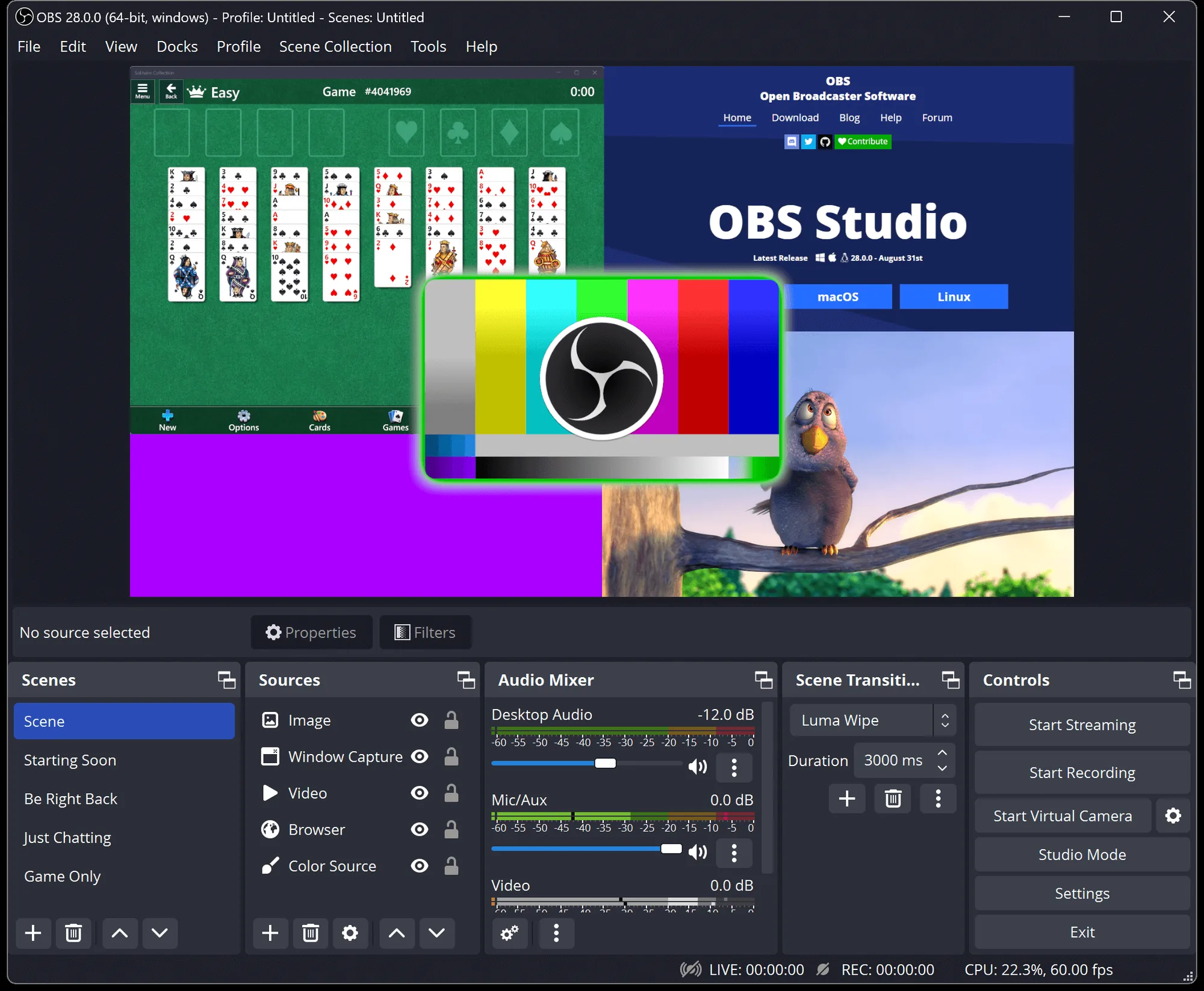OBS Studio with the preview canvas above the Scenes, Sources, Audio Mixer and Controls docks