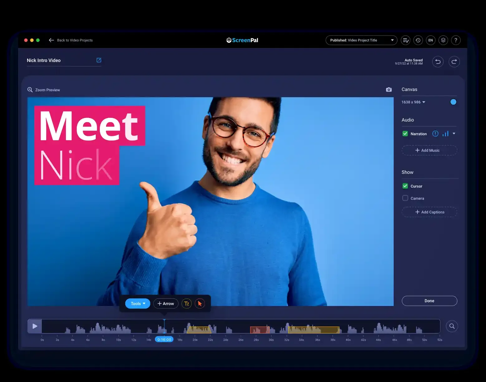 The ScreenPal video editor with the canvas, annotation tools and an audio waveform timeline