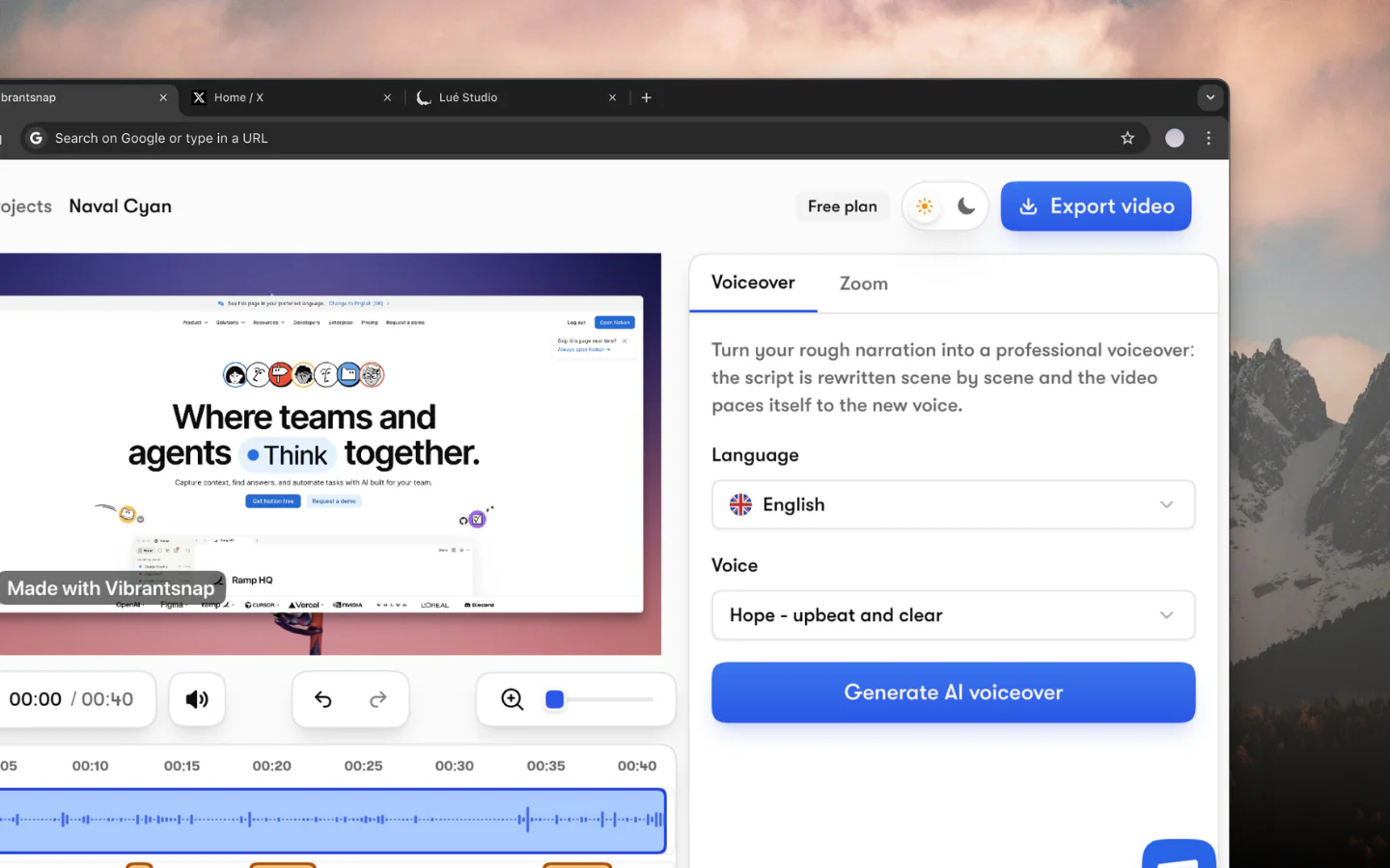 Vibrantsnap editor generating an AI voiceover for a screen recording